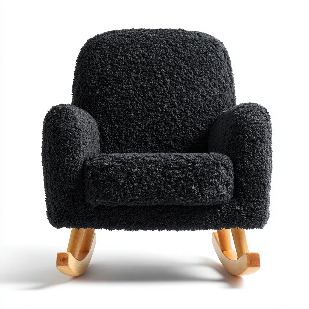 Fauteuil à bascule en tissu pelucheux noir 70x80x90 cm - design moderne - base en bois naturel - confortable et stable-Dwellingena