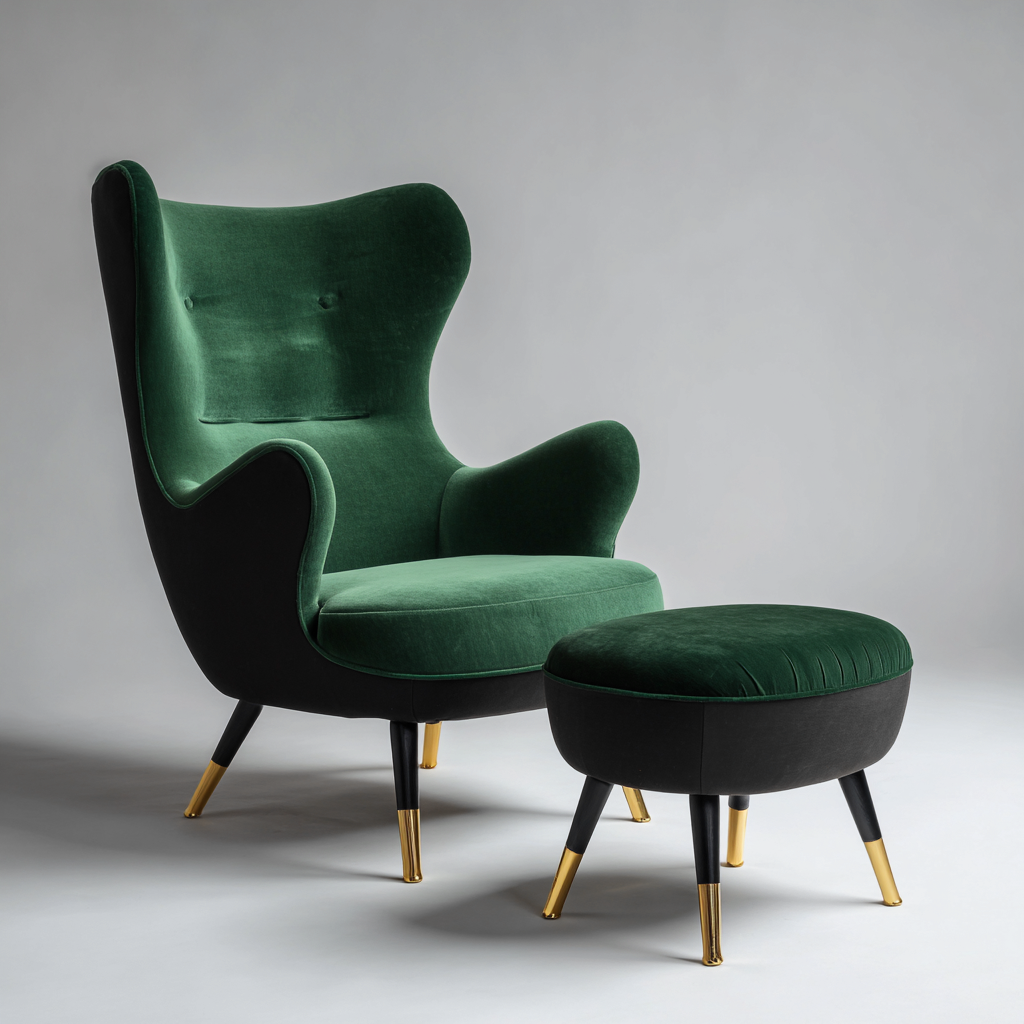 Fauteuil en velours vert avec pouf 85x85x110 cm - design moderne - pieds en bois noir et or - confortable et élégant-Dwellingena