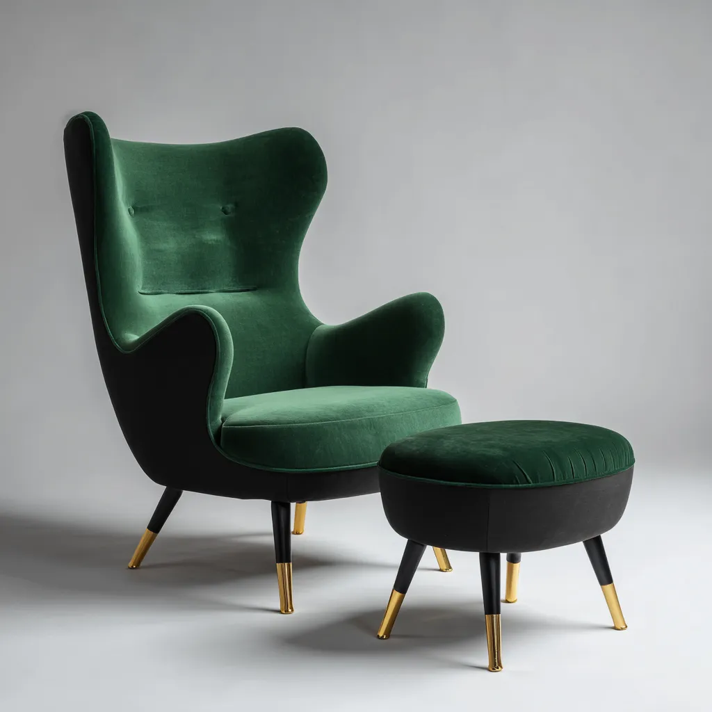 Fauteuil en velours vert avec pouf 85x85x110 cm - design moderne - pieds en bois noir et or - confortable et élégant-Dwellingena