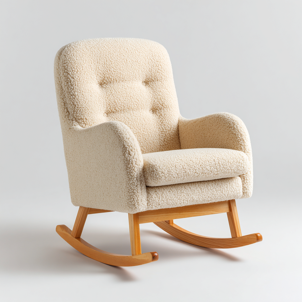 Fauteuil à bascule 88x78x95 cm - tissu bouclette beige et bois naturel - design scandinave élégant et confortable-Dwellingena