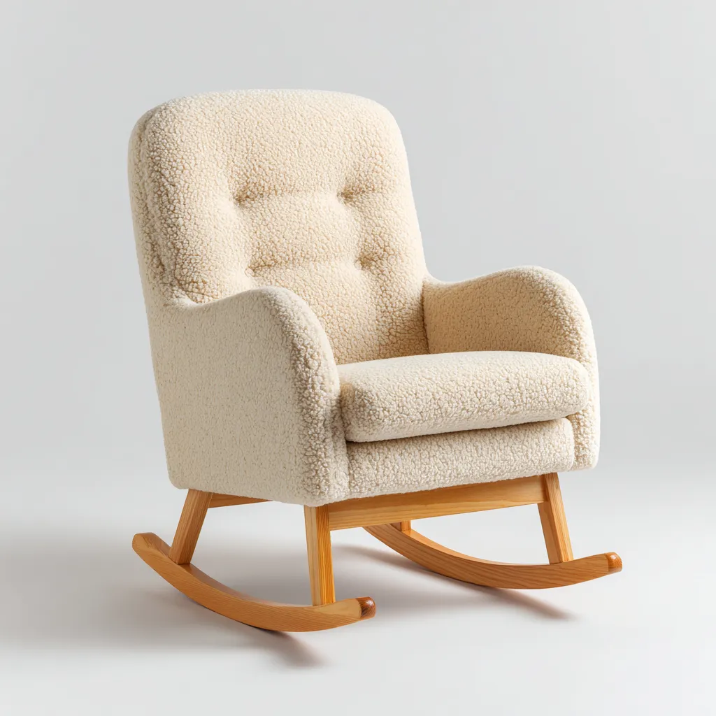Fauteuil à bascule 88x78x95 cm - tissu bouclette beige et bois naturel - design scandinave élégant et confortable-Dwellingena