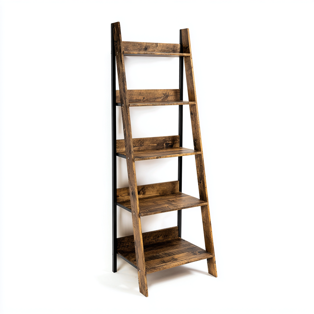 Bibliothèque échelle - Bois-Métal - 50x30x150 cm - Bois foncé-Noir - Design industriel et élégant-Dwellingena