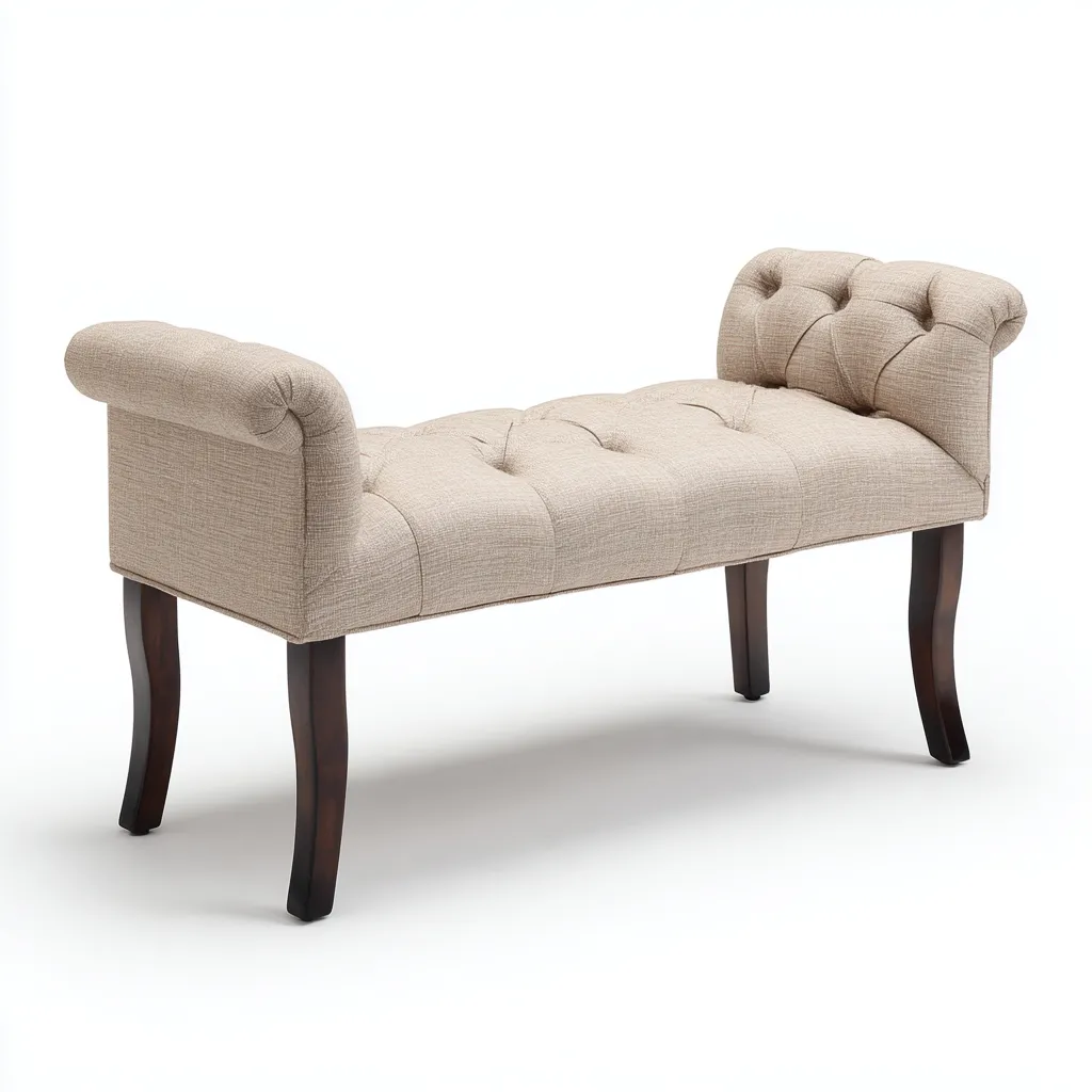 Banc de lit-pieds bois-tissu lin-110x40x55 cm - beige - style classique capitonné pour chambre-Dwellingena