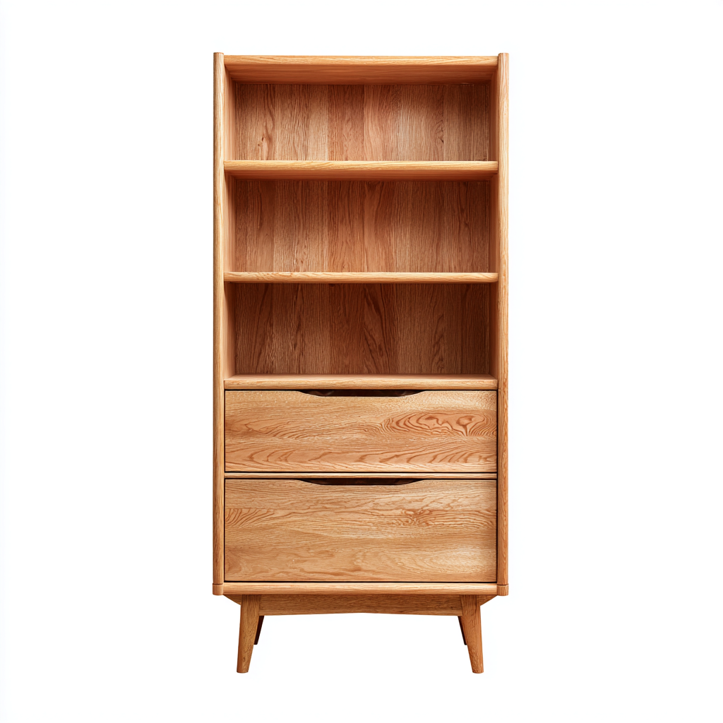 Bibliothèque en bois - Bois massif-2 tiroirs - 70x30x160 cm - Bois clair - Design moderne et élégant-Dwellingena