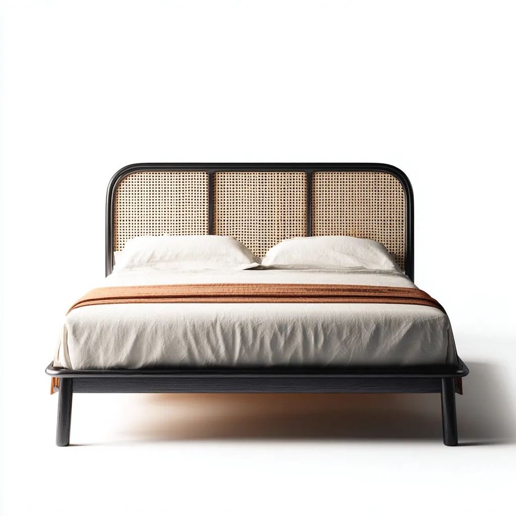 Lit double-bois et rotin-160x200x110 cm - noir-naturel - style vintage bohème pour chambre-Dwellingena