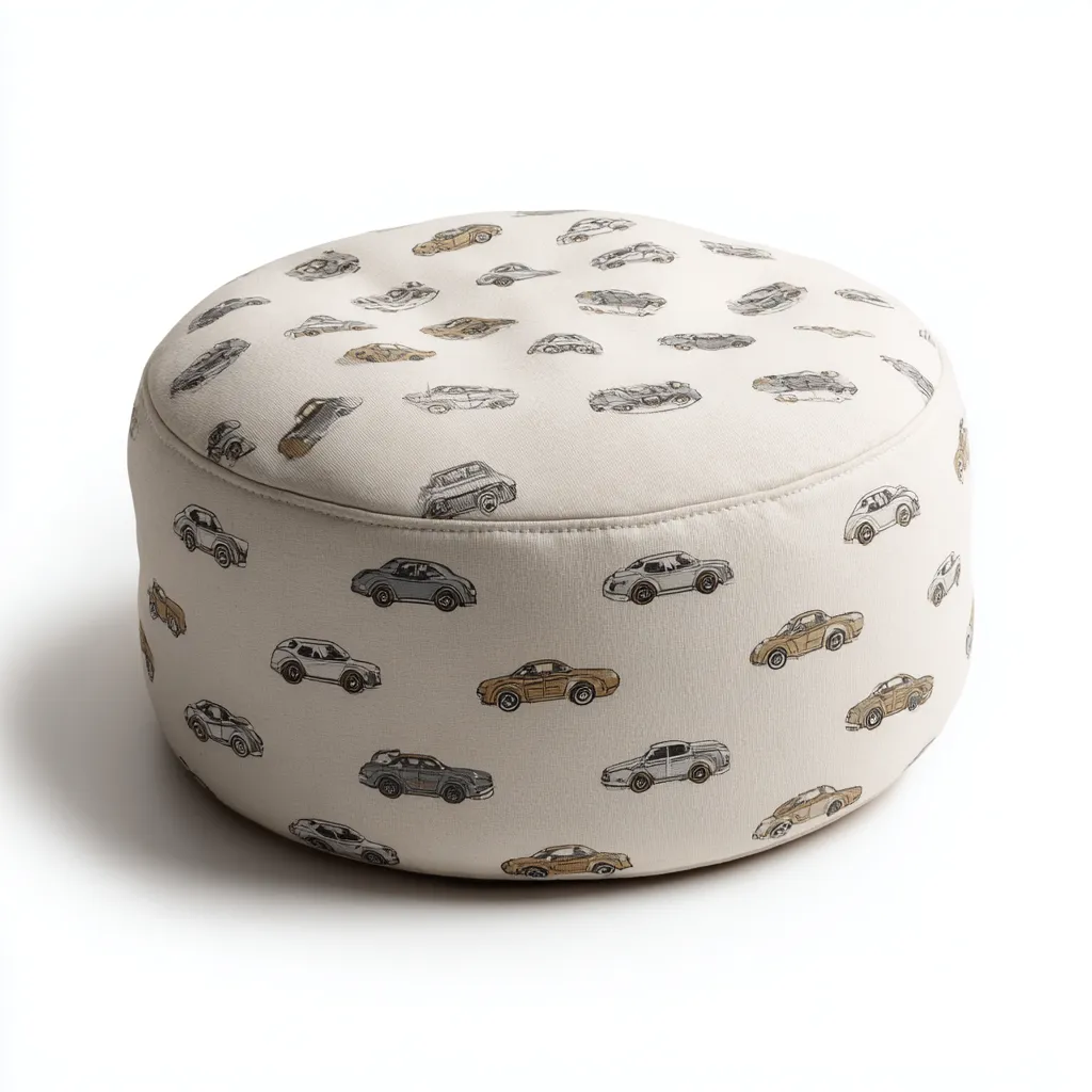 Pouf rond en tissu imprimé voitures 60x60x25 cm - style ludique - pour chambre d'enfant-Dwellingena