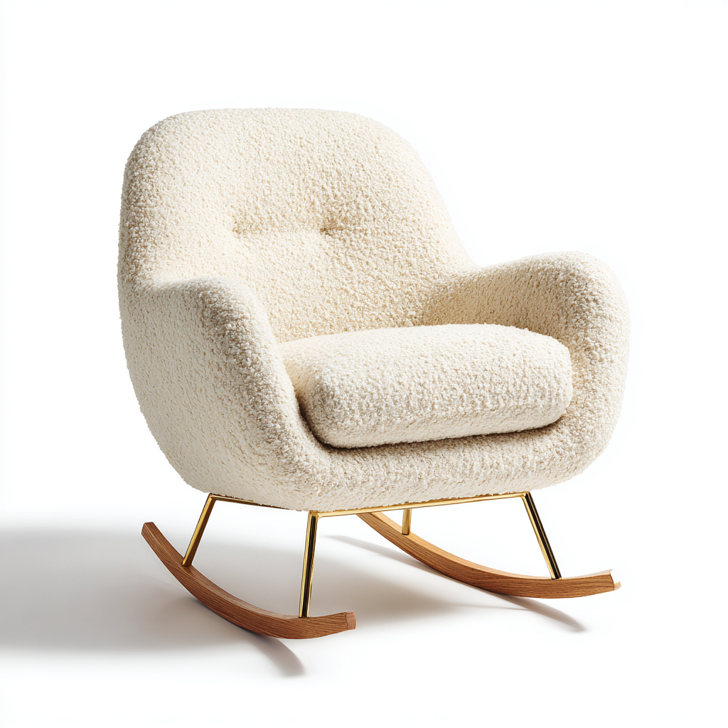 Fauteuil à bascule 70x80x85 cm - tissu bouclette et métal doré - blanc cassé-bois naturel - style moderne-Dwellingena