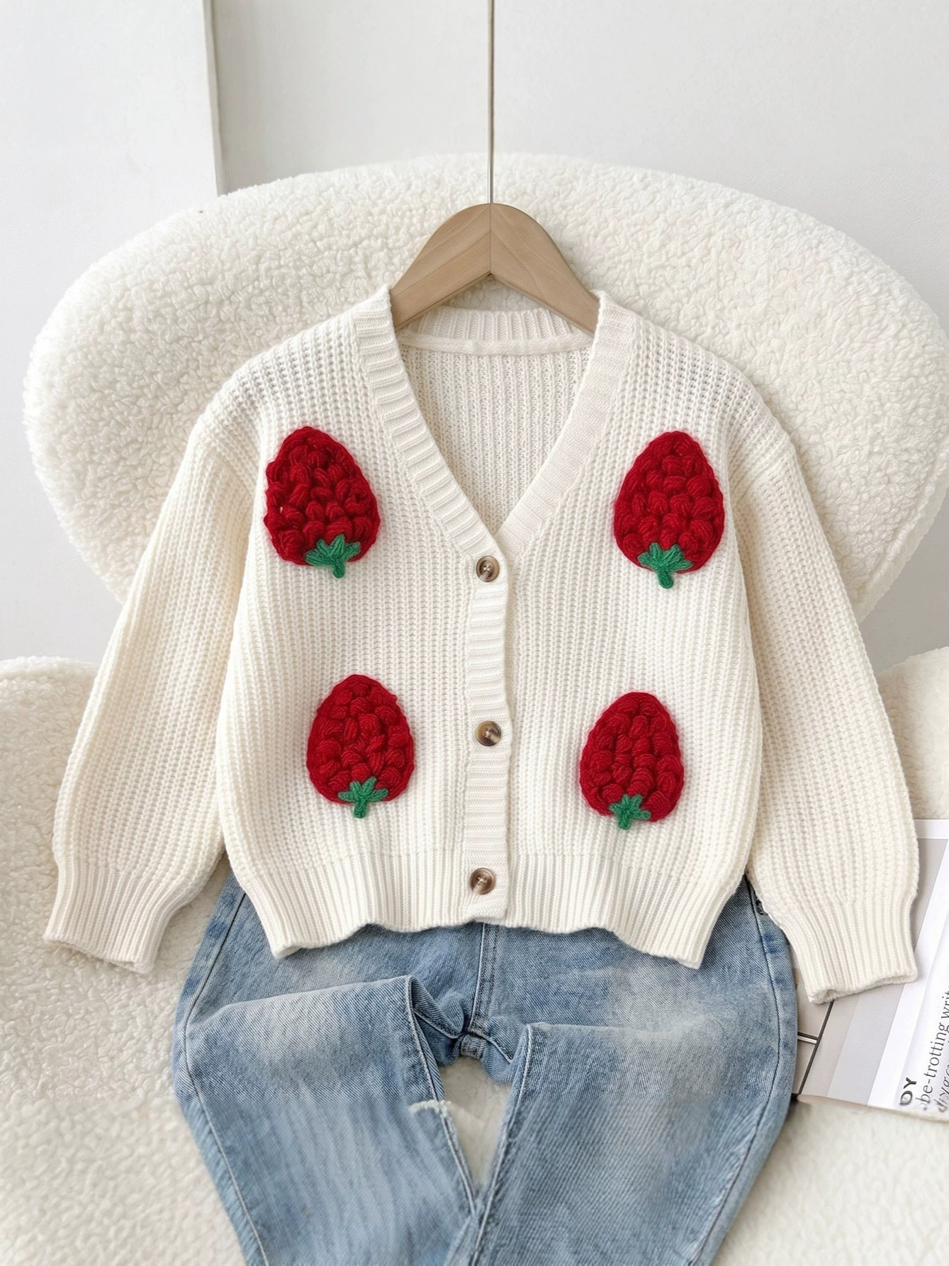 09 Girls' Sweet Strawberry V-Neck Cardigan Sweater
