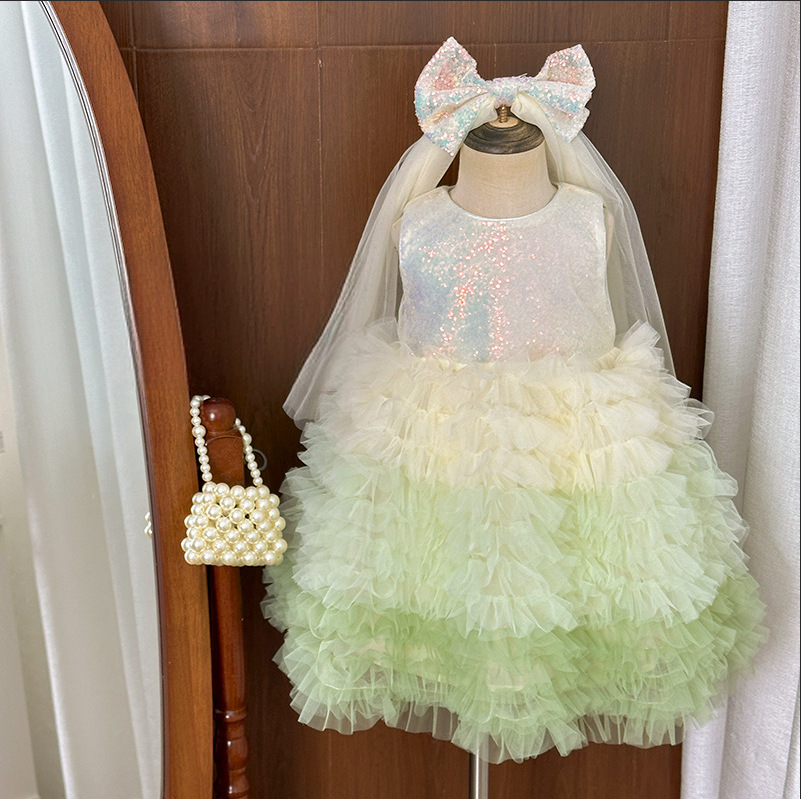 06 Girls' Blush Pink/Fresh Green Summer Tulle Cake Dress