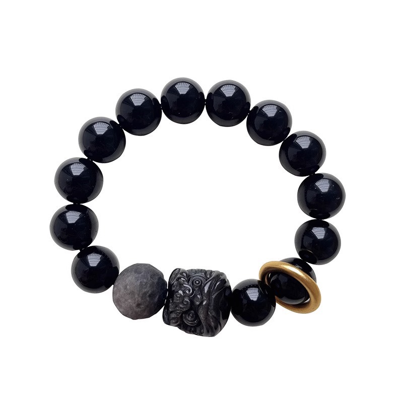 Black Obsidian Awakening Lion Bracelet for Men and Women Chinese Zodiac Birth Year Protection Beaded Handmade Adjustable String Luck Fortune Jewelry Gift