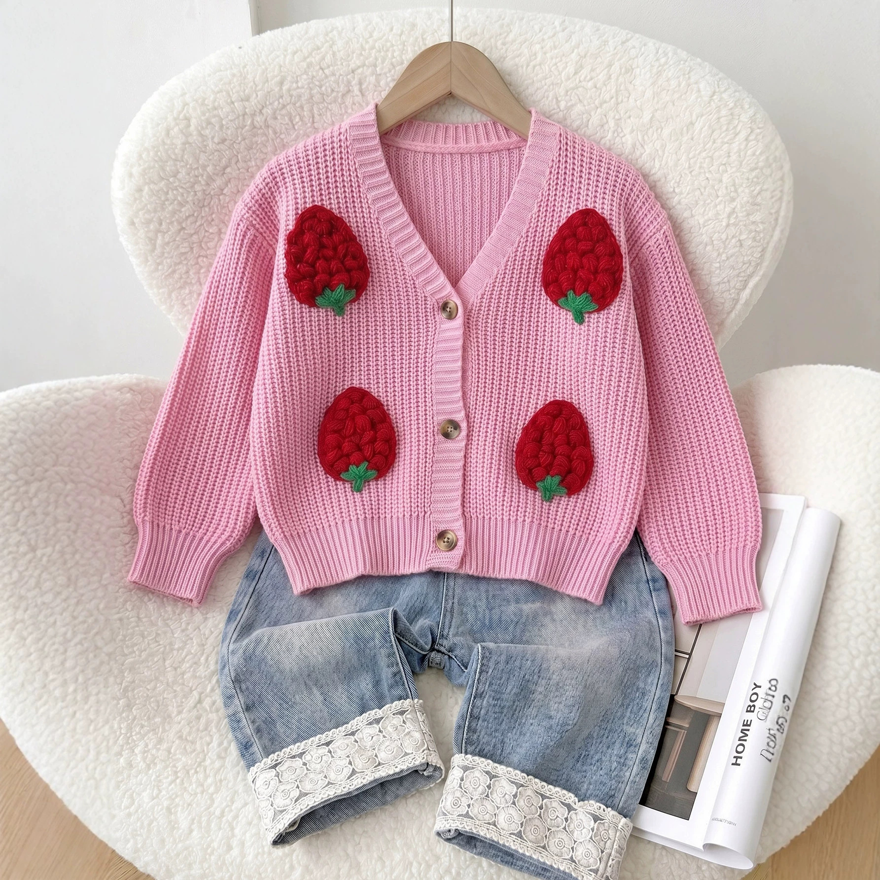 09 Girls' Sweet Strawberry V-Neck Cardigan Sweater