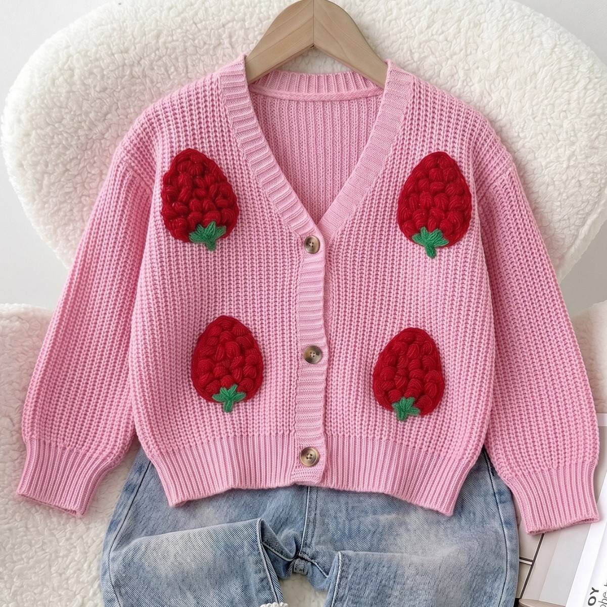 09 Girls' Sweet Strawberry V-Neck Cardigan Sweater