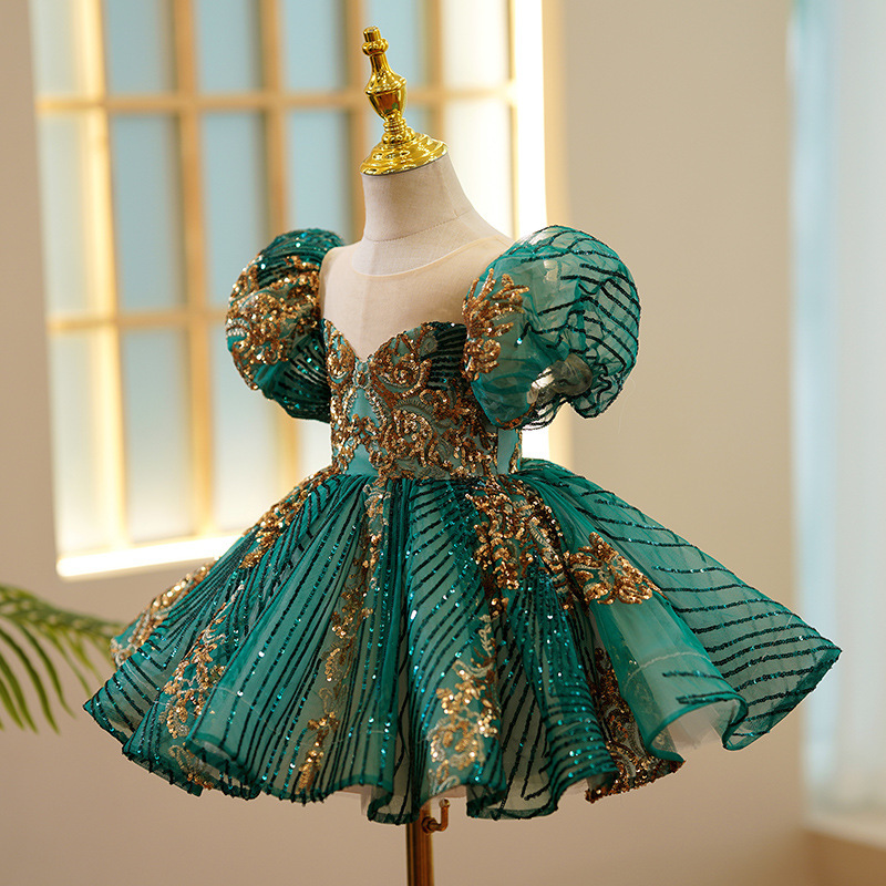 02 Dark Emerald Green High‑End Girls Formal Dress, Elegant Toddler Birthday Evening Gown, Kids Puffy Tulle Princess Dress 1‑12Y