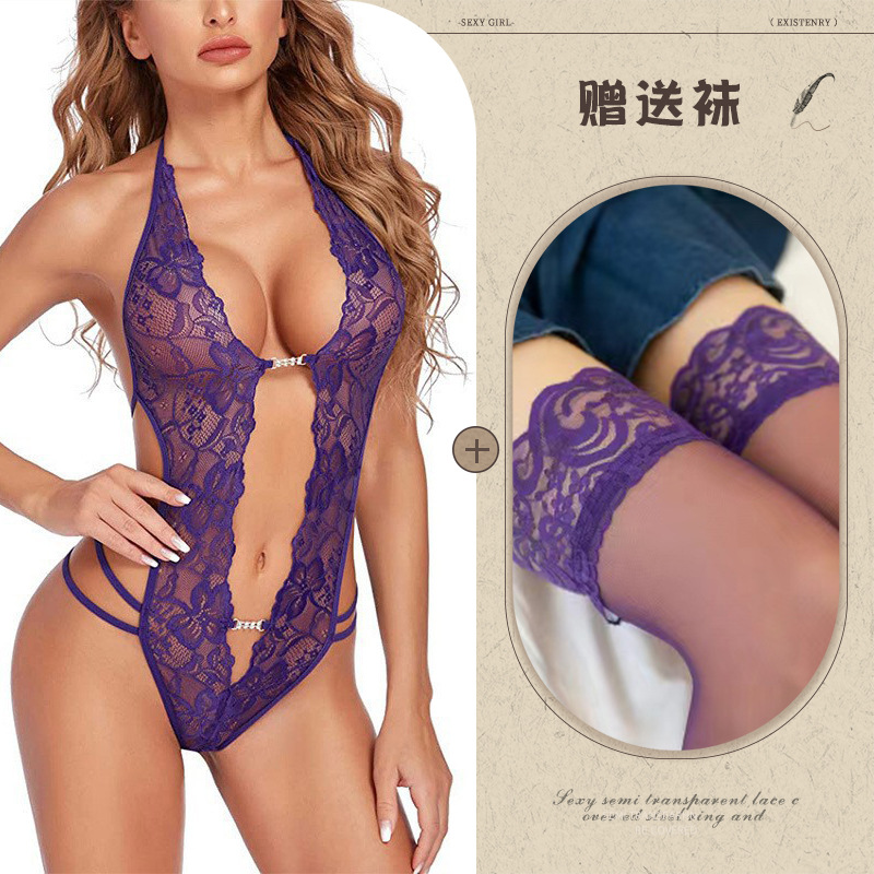 Night Listening Fragrance European and American Sexy Underwear Amazon Foreign Trade Supply See-through Backless Body Shaping Self-Tie Lace Wholesale