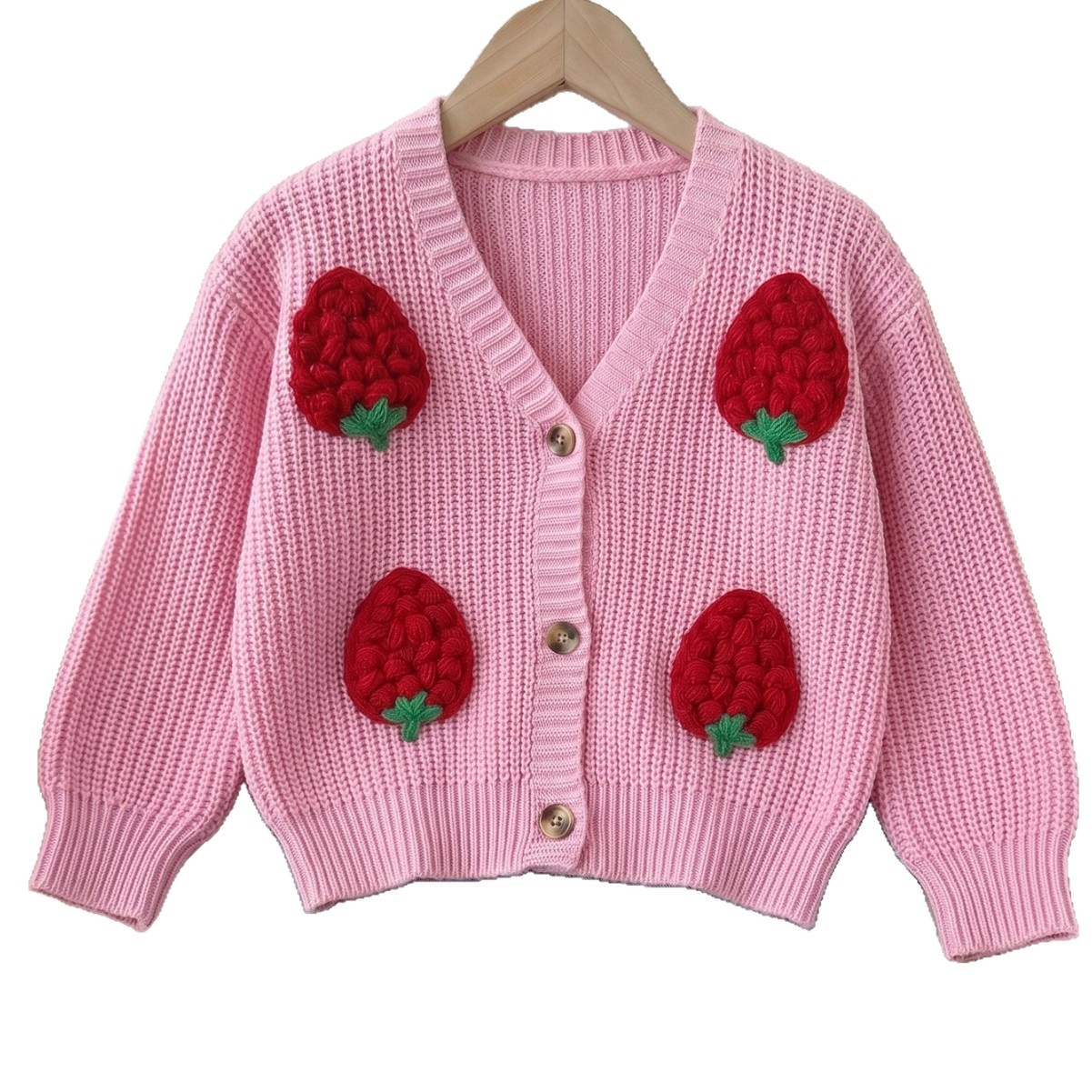 09 Girls' Sweet Strawberry V-Neck Cardigan Sweater