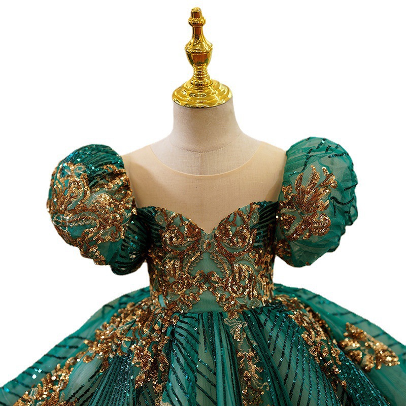 02 Dark Emerald Green High‑End Girls Formal Dress, Elegant Toddler Birthday Evening Gown, Kids Puffy Tulle Princess Dress 1‑12Y