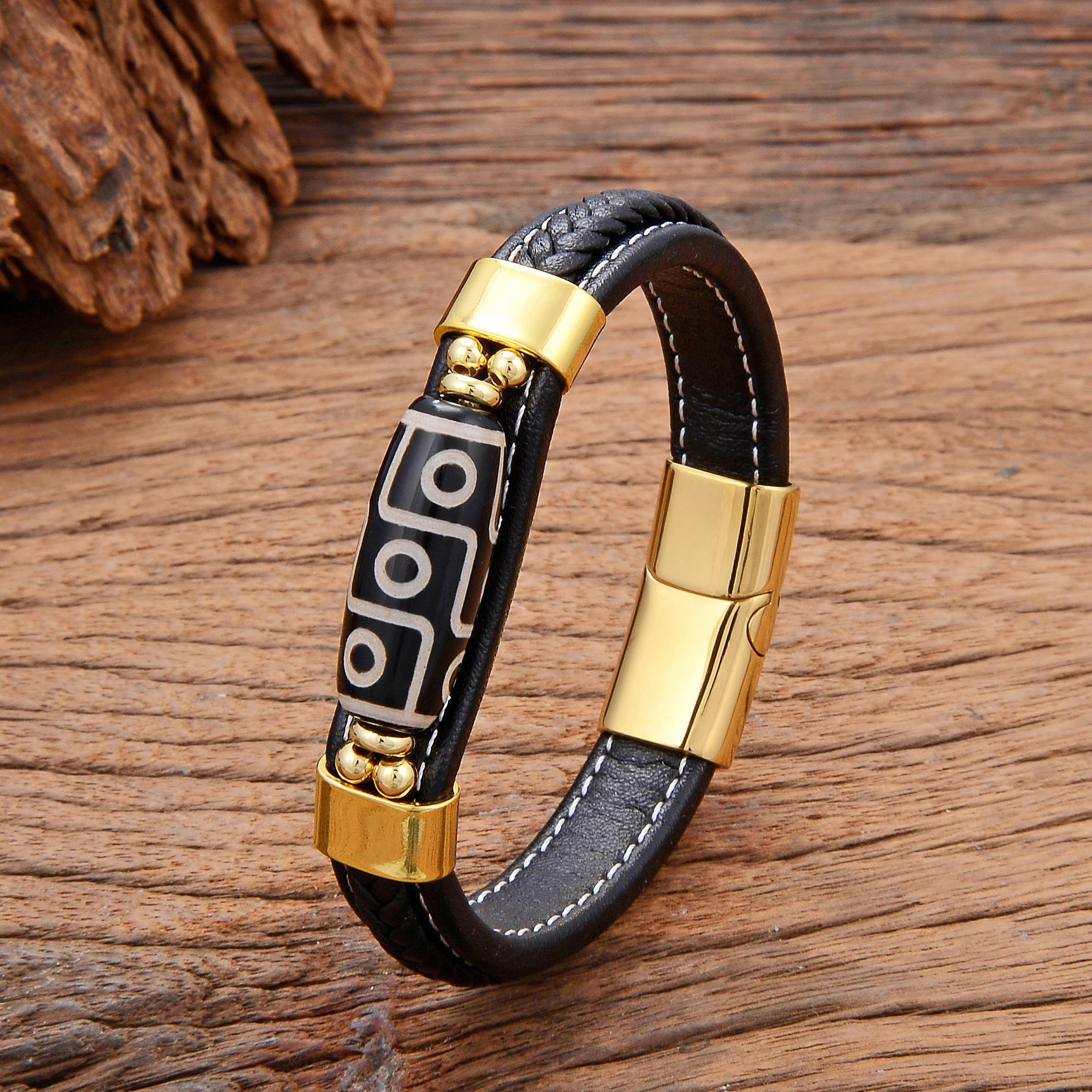 Tibetan Nine-Eyed Dzi Bead Bracelet Leather Woven Peace Bracelet Couple Ethnic Style Accessories Lucky Bead Bracelet Jewelry