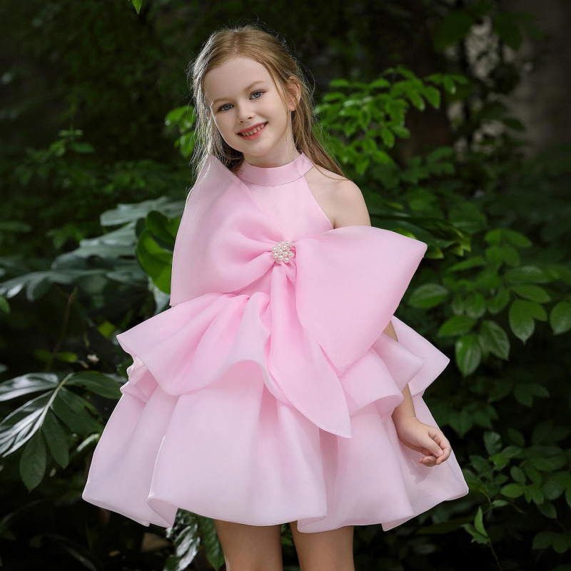 35 Girls' Pink Princess Dress Children's Fashion Show Bowknot Birthday Dress Sweet and Cute Puffy Dress