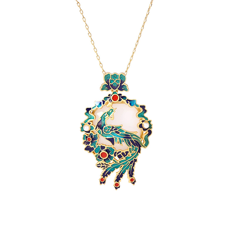 Chinese Style Feng Huang Phoenix Pendant Necklace Women Copper Gold Plated Cloisonne Enamel Imitation Hetian Jade Palace Collarbone Chain Gift