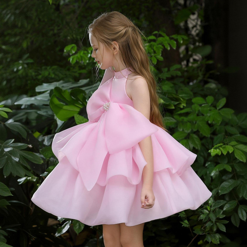 35 Girls' Pink Princess Dress Children's Fashion Show Bowknot Birthday Dress Sweet and Cute Puffy Dress