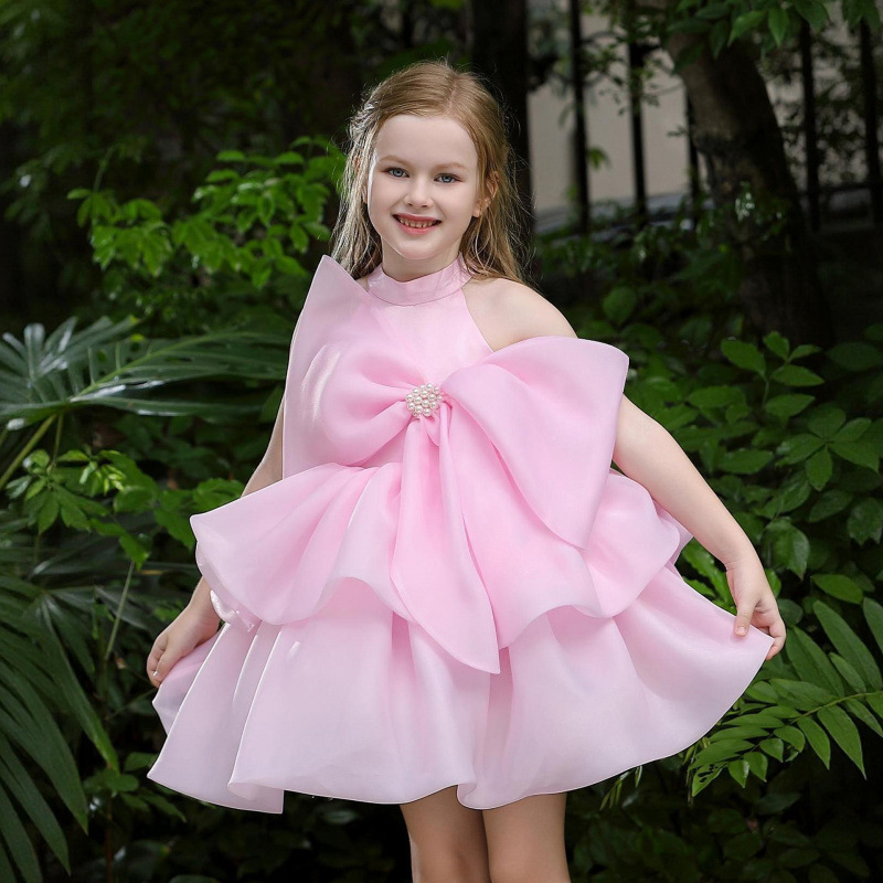 35 Girls' Pink Princess Dress Children's Fashion Show Bowknot Birthday Dress Sweet and Cute Puffy Dress