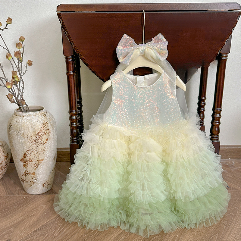 06 Girls' Blush Pink/Fresh Green Summer Tulle Cake Dress