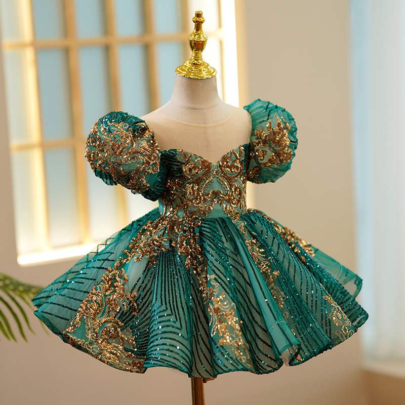 02 Dark Emerald Green High‑End Girls Formal Dress, Elegant Toddler Birthday Evening Gown, Kids Puffy Tulle Princess Dress 1‑12Y
