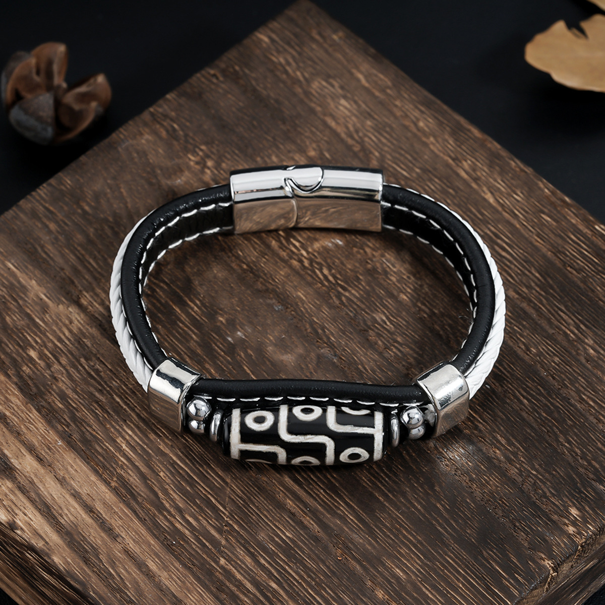 Tibetan Nine-Eyed Dzi Bead Bracelet Leather Woven Peace Bracelet Couple Ethnic Style Accessories Lucky Bead Bracelet Jewelry
