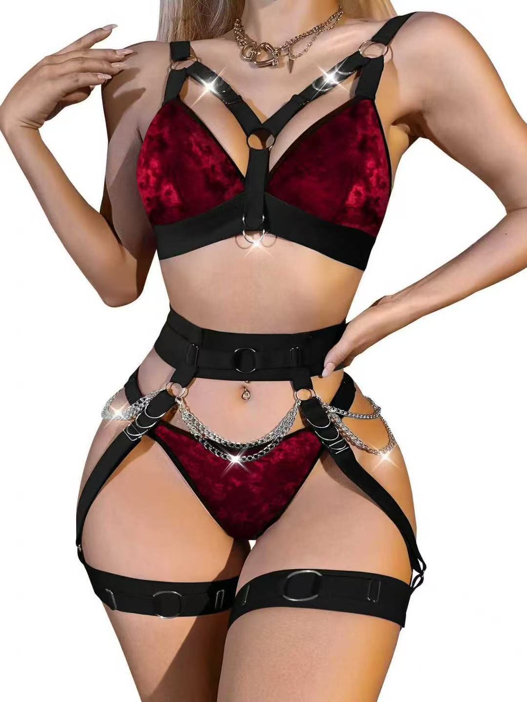 Women's Gothic Chain Lingerie Set  Cross-Border Source Sexy Binding Waist Seal Leg Ring Adjustable Erotic Three-Piece Lingerie Set for Women