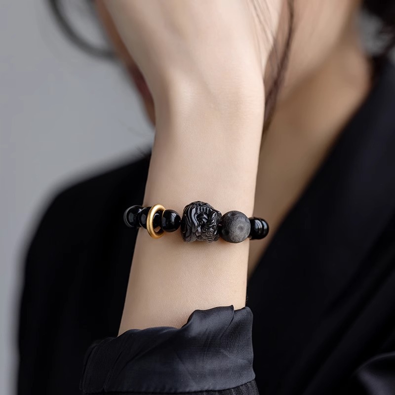 Black Obsidian Awakening Lion Bracelet for Men and Women Chinese Zodiac Birth Year Protection Beaded Handmade Adjustable String Luck Fortune Jewelry Gift