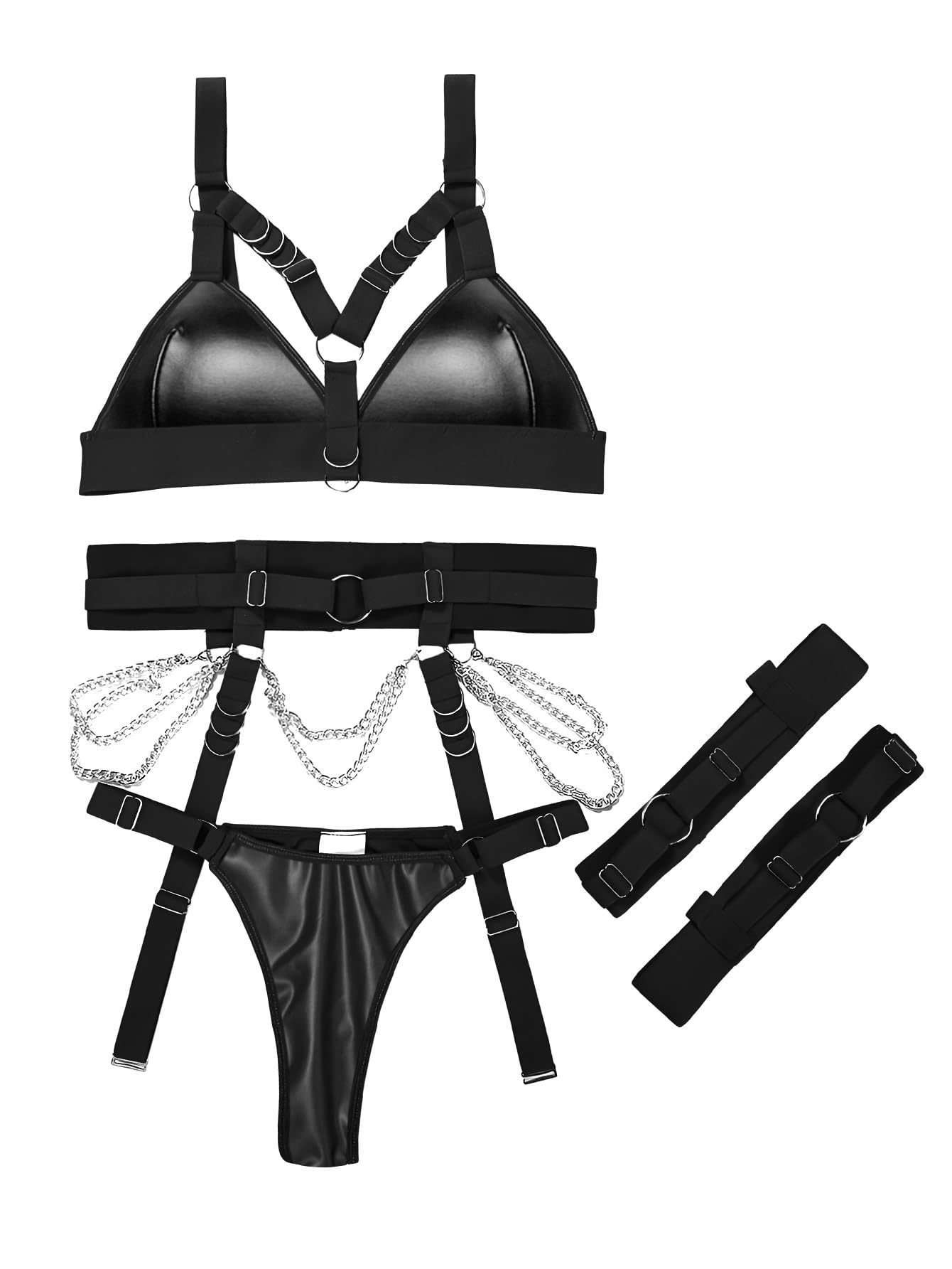 Women's Gothic Chain Lingerie Set Cross-Border Source Sexy Binding Waist Seal Leg Ring Adjustable Erotic Three-Piece Lingerie Set for Women