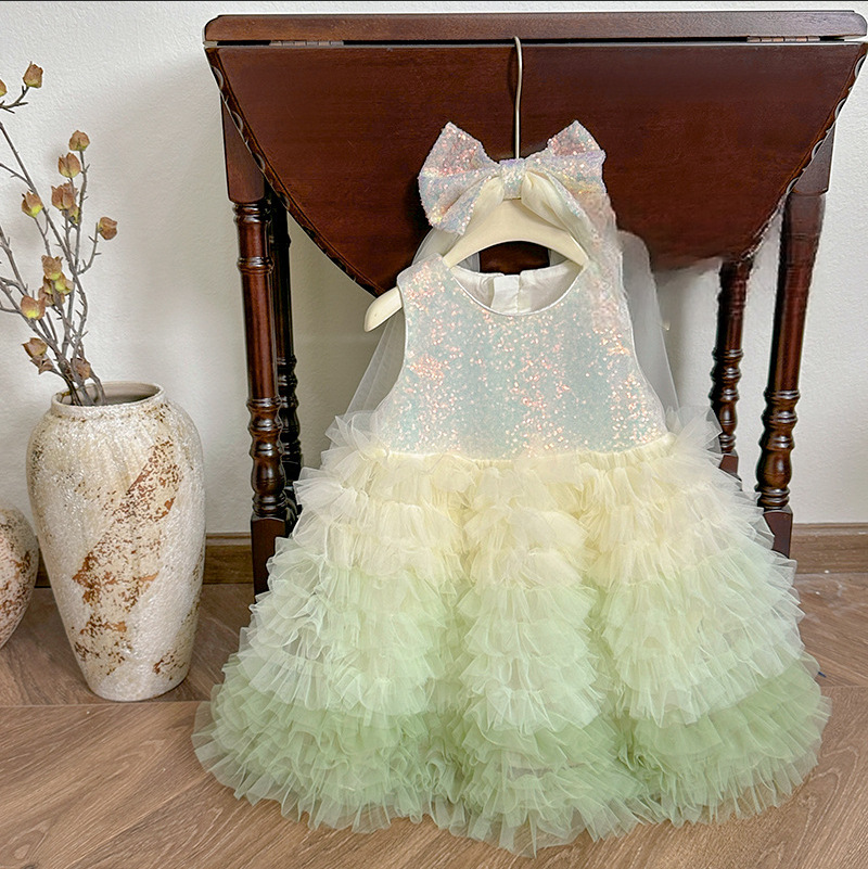 06 Girls' Blush Pink/Fresh Green Summer Tulle Cake Dress