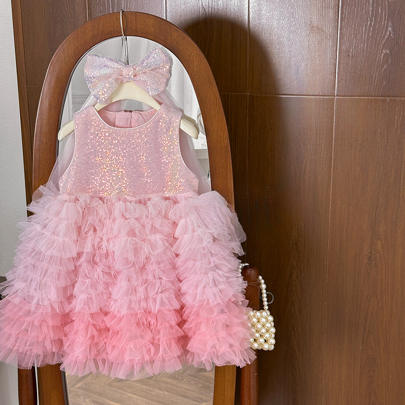 06 Girls' Blush Pink/Fresh Green Summer Tulle Cake Dress
