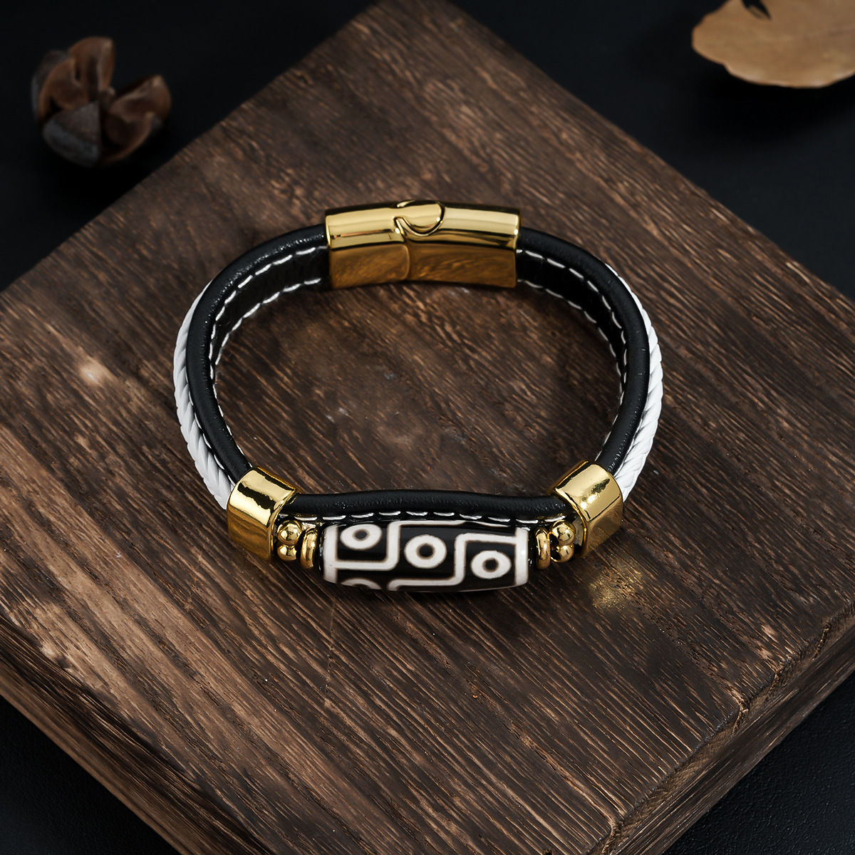 Tibetan Nine-Eyed Dzi Bead Bracelet Leather Woven Peace Bracelet Couple Ethnic Style Accessories Lucky Bead Bracelet Jewelry