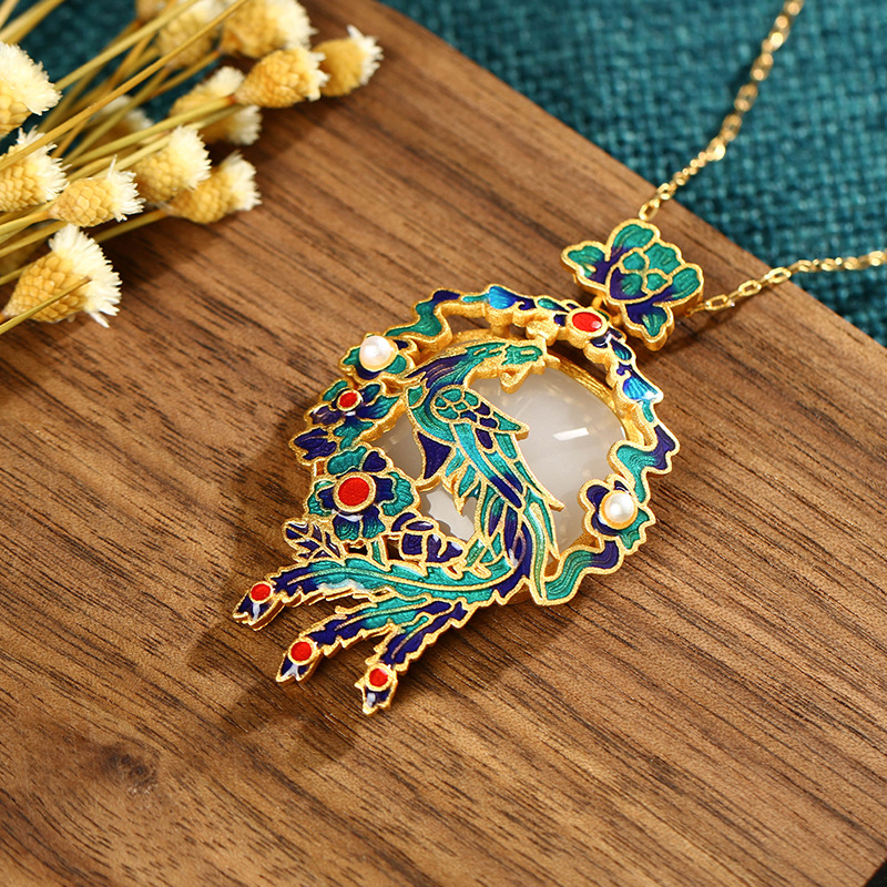 Chinese Style Feng Huang Phoenix Pendant Necklace Women Copper Gold Plated Cloisonne Enamel Imitation Hetian Jade Palace Collarbone Chain Gift