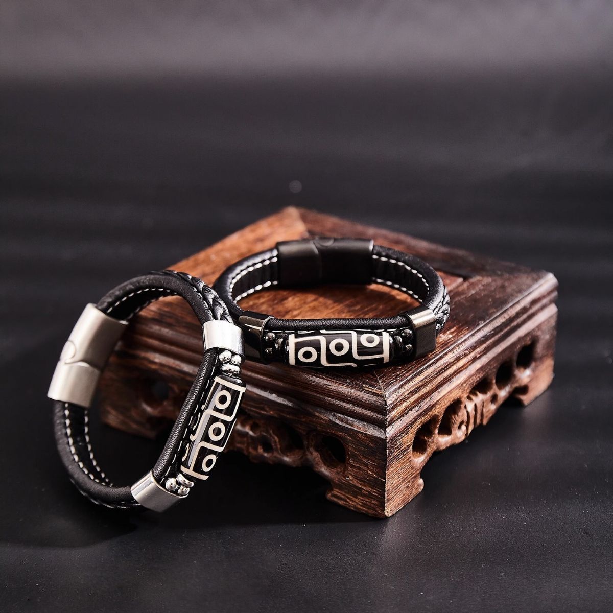 Tibetan Nine-Eyed Dzi Bead Bracelet Leather Woven Peace Bracelet Couple Ethnic Style Accessories Lucky Bead Bracelet Jewelry
