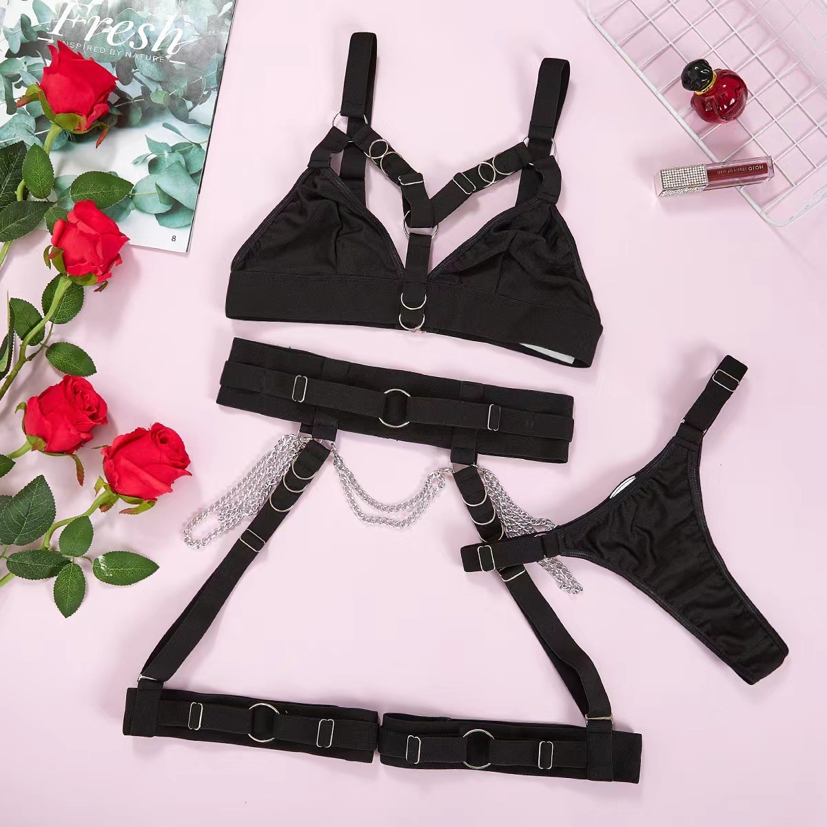 Women's Gothic Chain Lingerie Set  Cross-Border Source Sexy Binding Waist Seal Leg Ring Adjustable Erotic Three-Piece Lingerie Set for Women