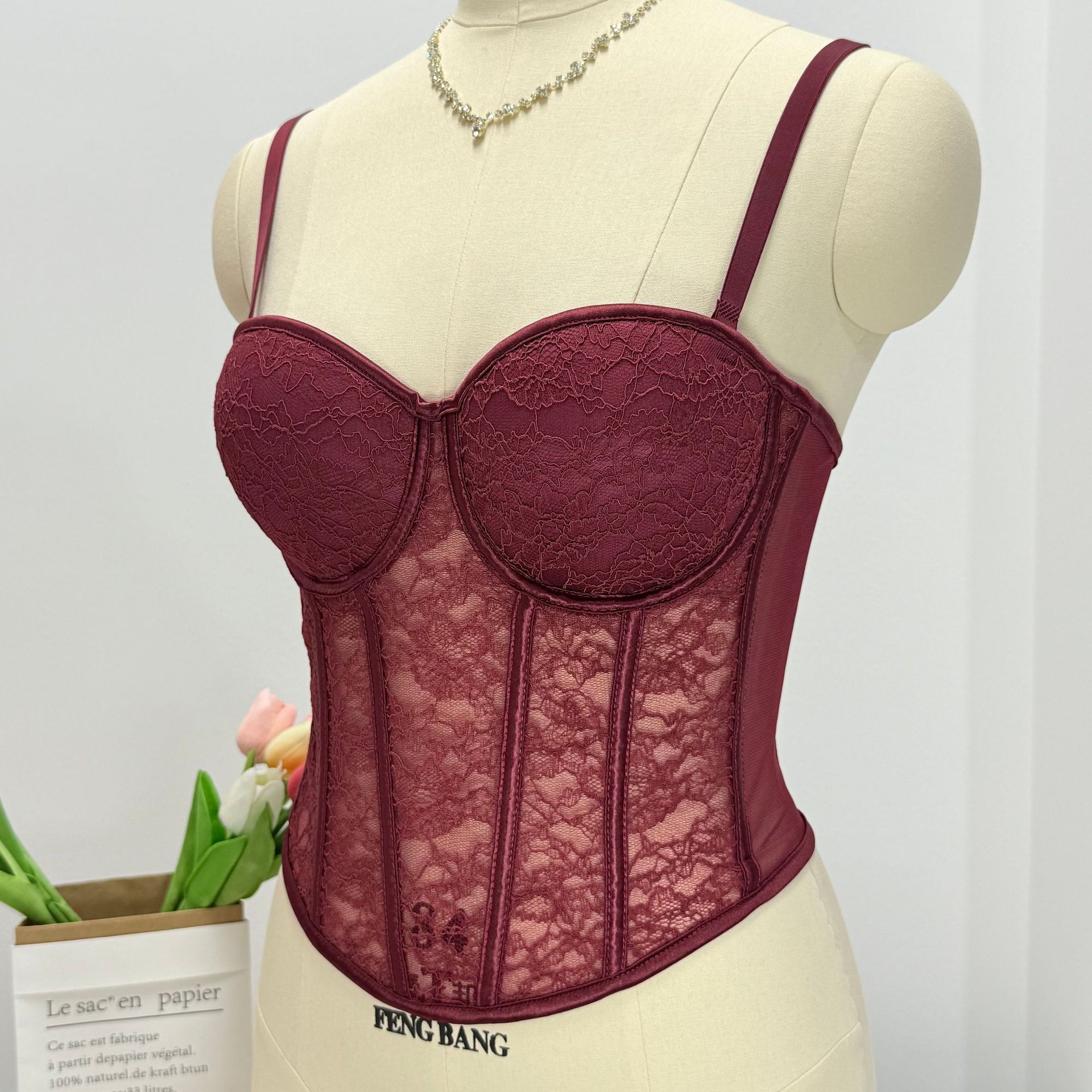 Wine Red Lace Strapless Bustier Top for Women – Shaping Tube Top with Boning | Sexy Party Corset Style Sleeveless Crop