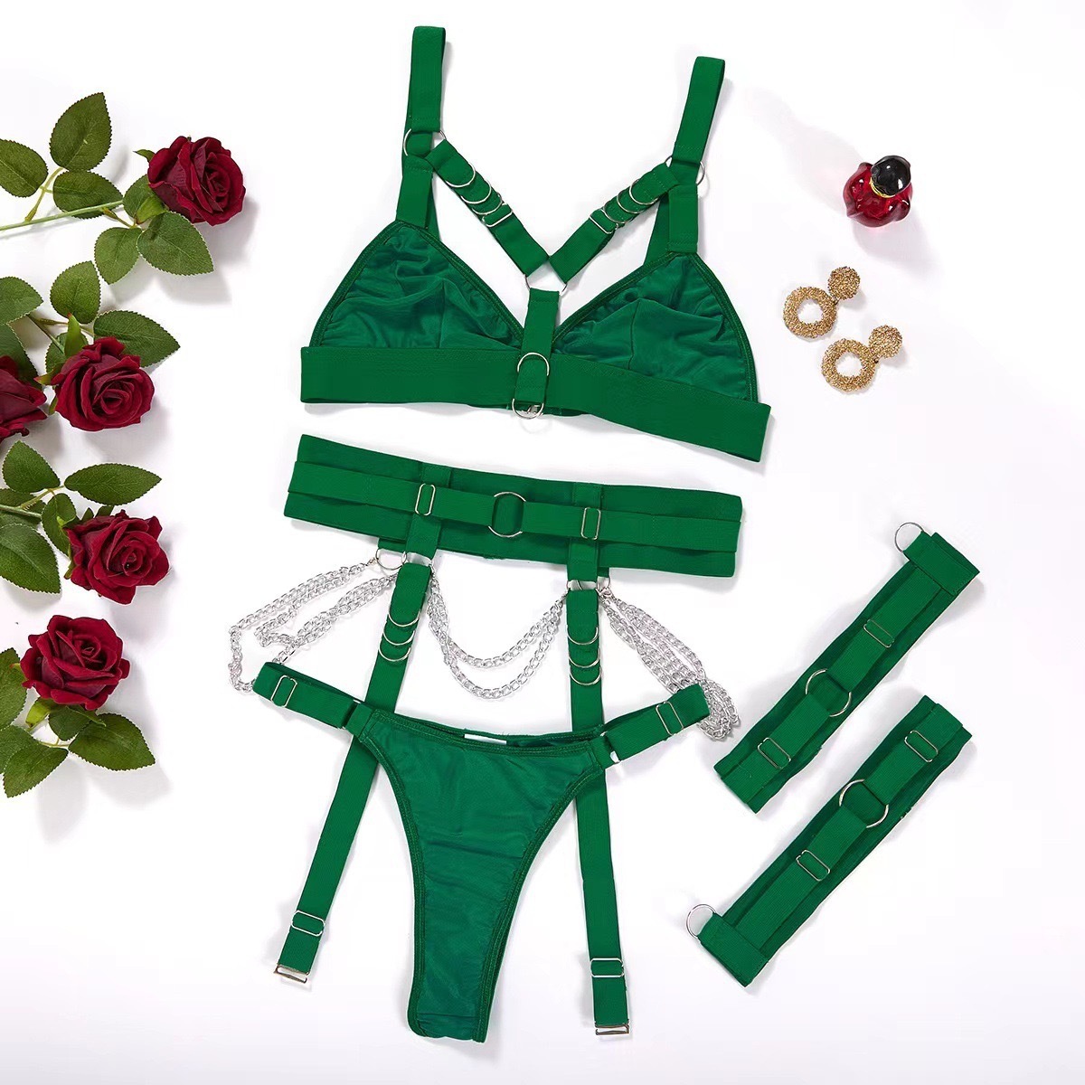 Women's Gothic Chain Lingerie Set  Cross-Border Source Sexy Binding Waist Seal Leg Ring Adjustable Erotic Three-Piece Lingerie Set for Women