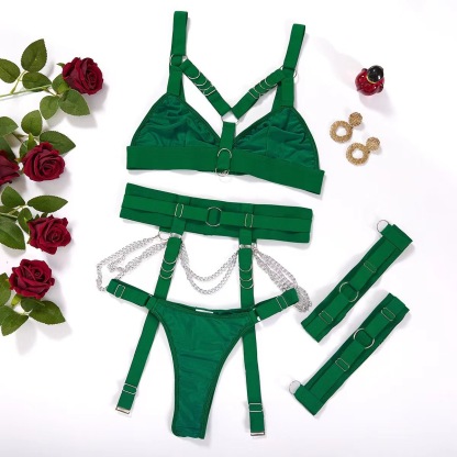 Women's Gothic Chain Lingerie Set  Cross-Border Source Sexy Binding Waist Seal Leg Ring Adjustable Erotic Three-Piece Lingerie Set for Women