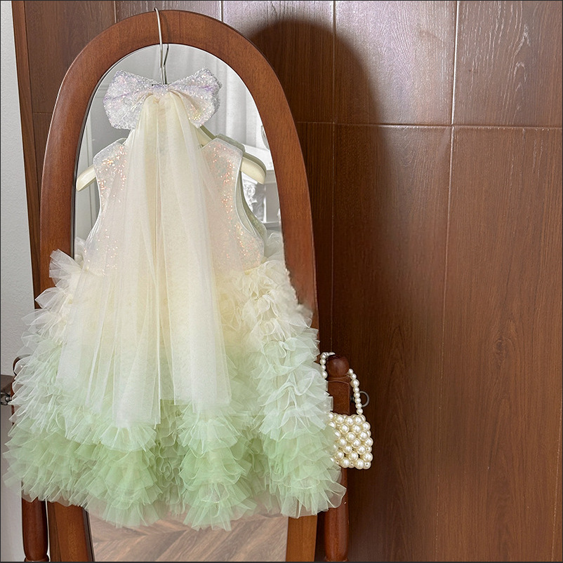 06 Girls' Blush Pink/Fresh Green Summer Tulle Cake Dress