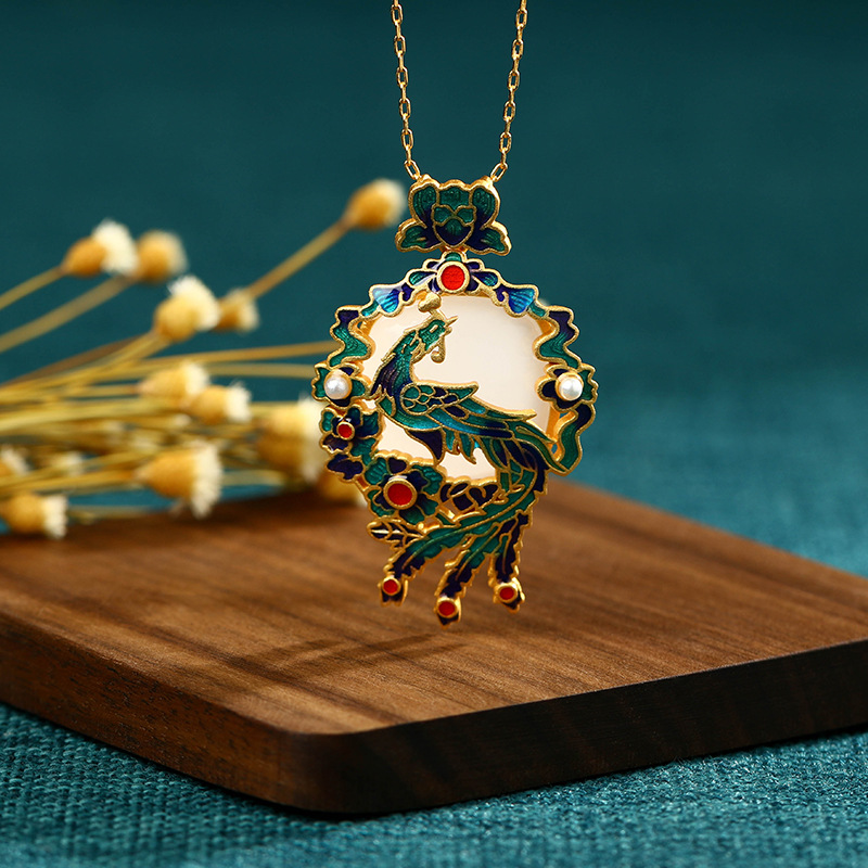 Chinese Style Feng Huang Phoenix Pendant Necklace Women Copper Gold Plated Cloisonne Enamel Imitation Hetian Jade Palace Collarbone Chain Gift