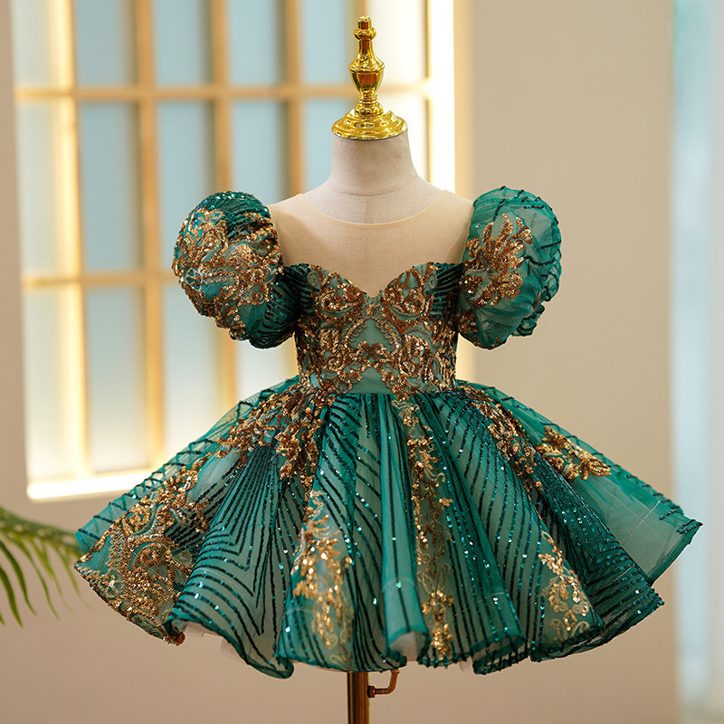 02 Dark Emerald Green High‑End Girls Formal Dress, Elegant Toddler Birthday Evening Gown, Kids Puffy Tulle Princess Dress 1‑12Y