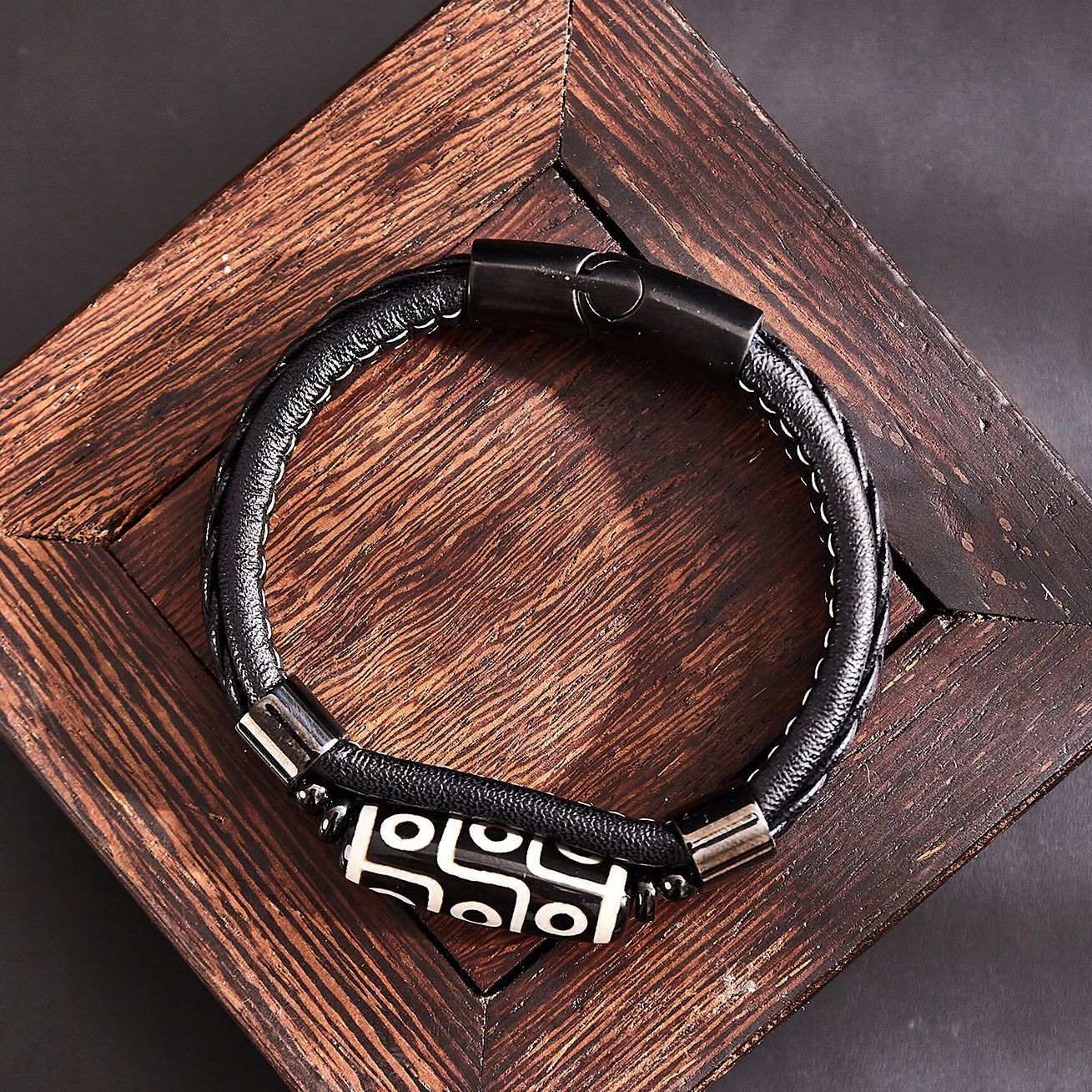 Tibetan Nine-Eyed Dzi Bead Bracelet Leather Woven Peace Bracelet Couple Ethnic Style Accessories Lucky Bead Bracelet Jewelry