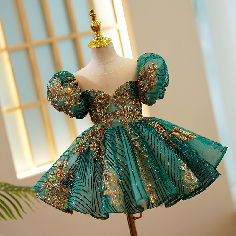 02 Dark Emerald Green High‑End Girls Formal Dress, Elegant Toddler Birthday Evening Gown, Kids Puffy Tulle Princess Dress 1‑12Y