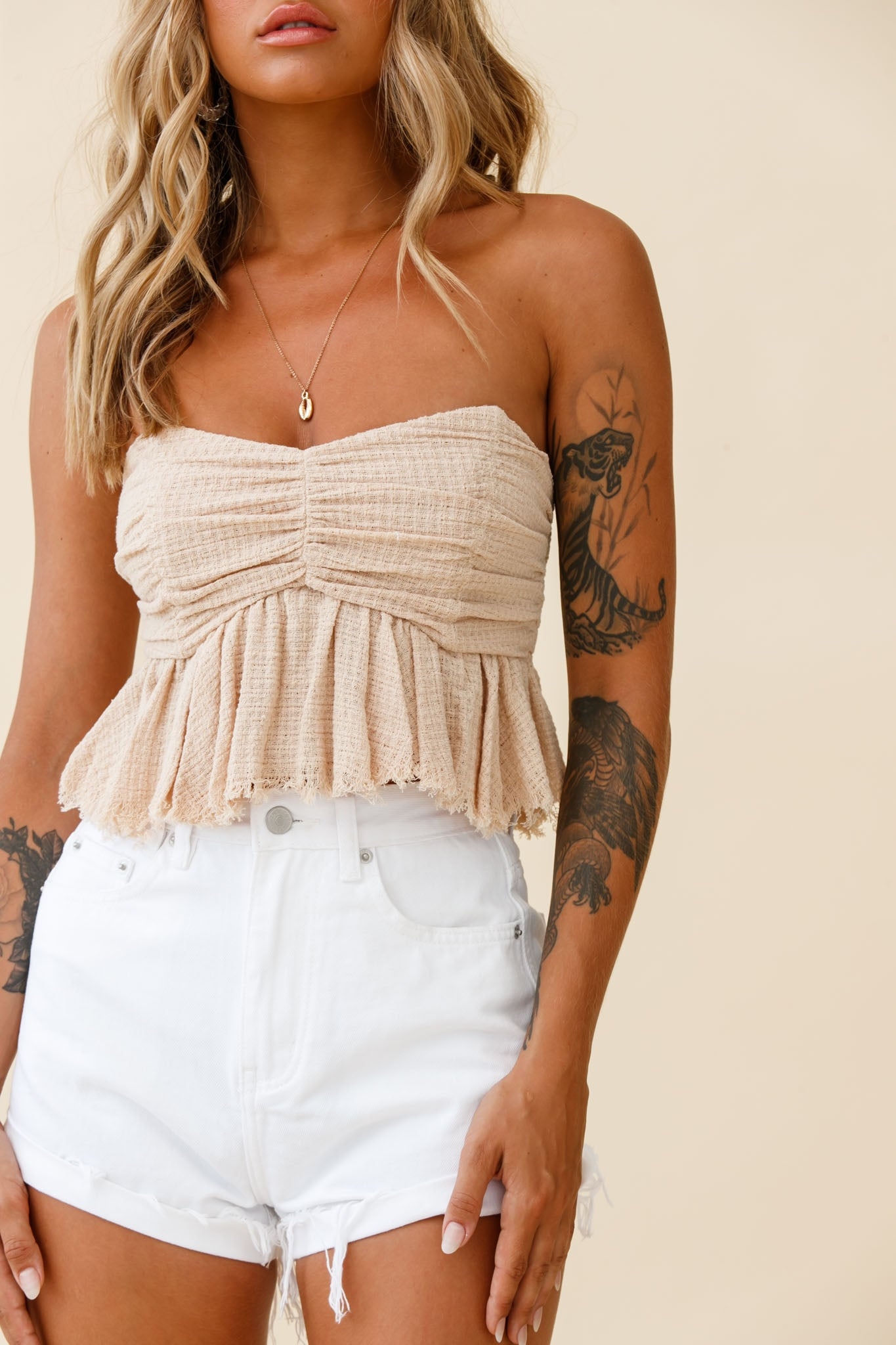 Anjelica Raw Edge Crop Top Beige-Fable Dress