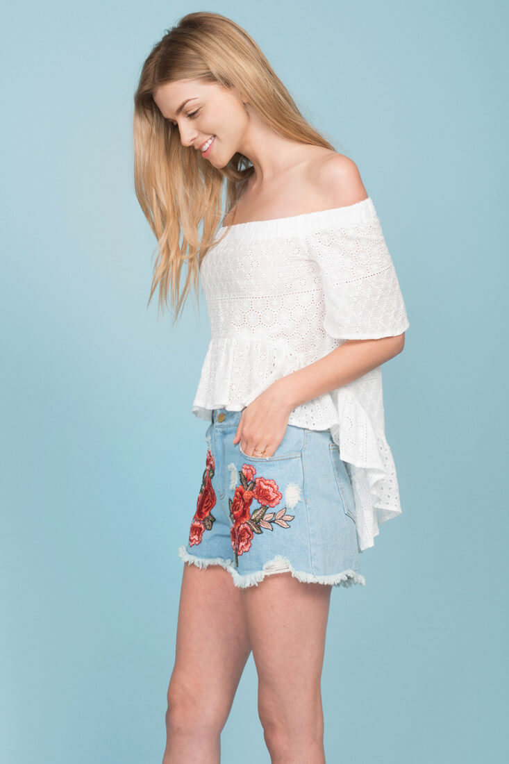 Brenna Fringe Floral Jean Shorts Blue Denim-Fable Dress