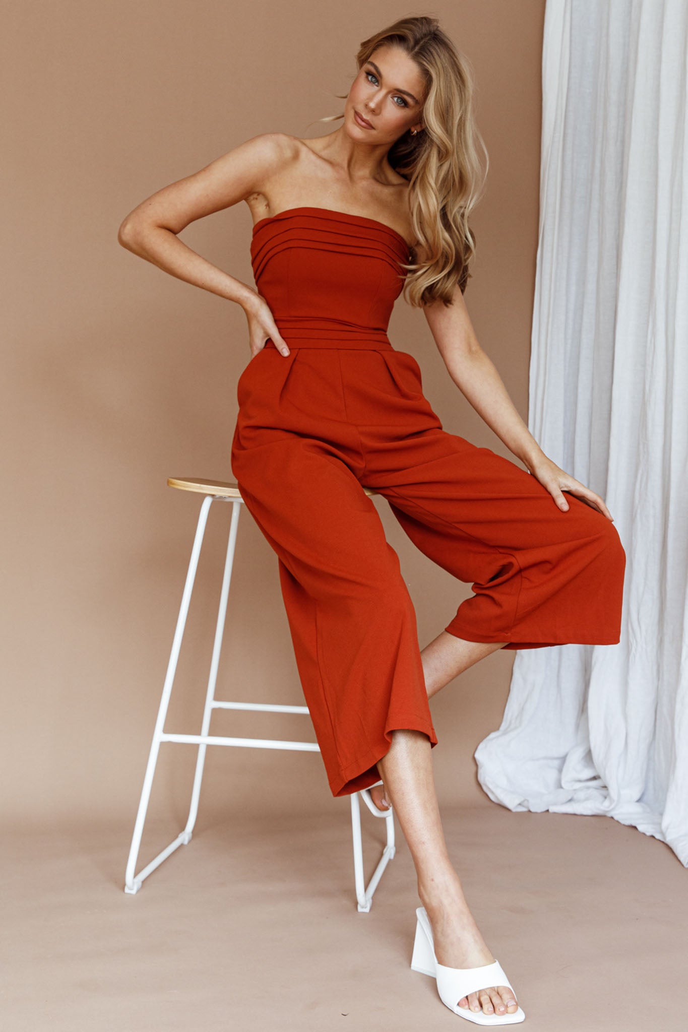 Chosen Strapless Wide Leg Jumpsuit Orange-Fable Dress