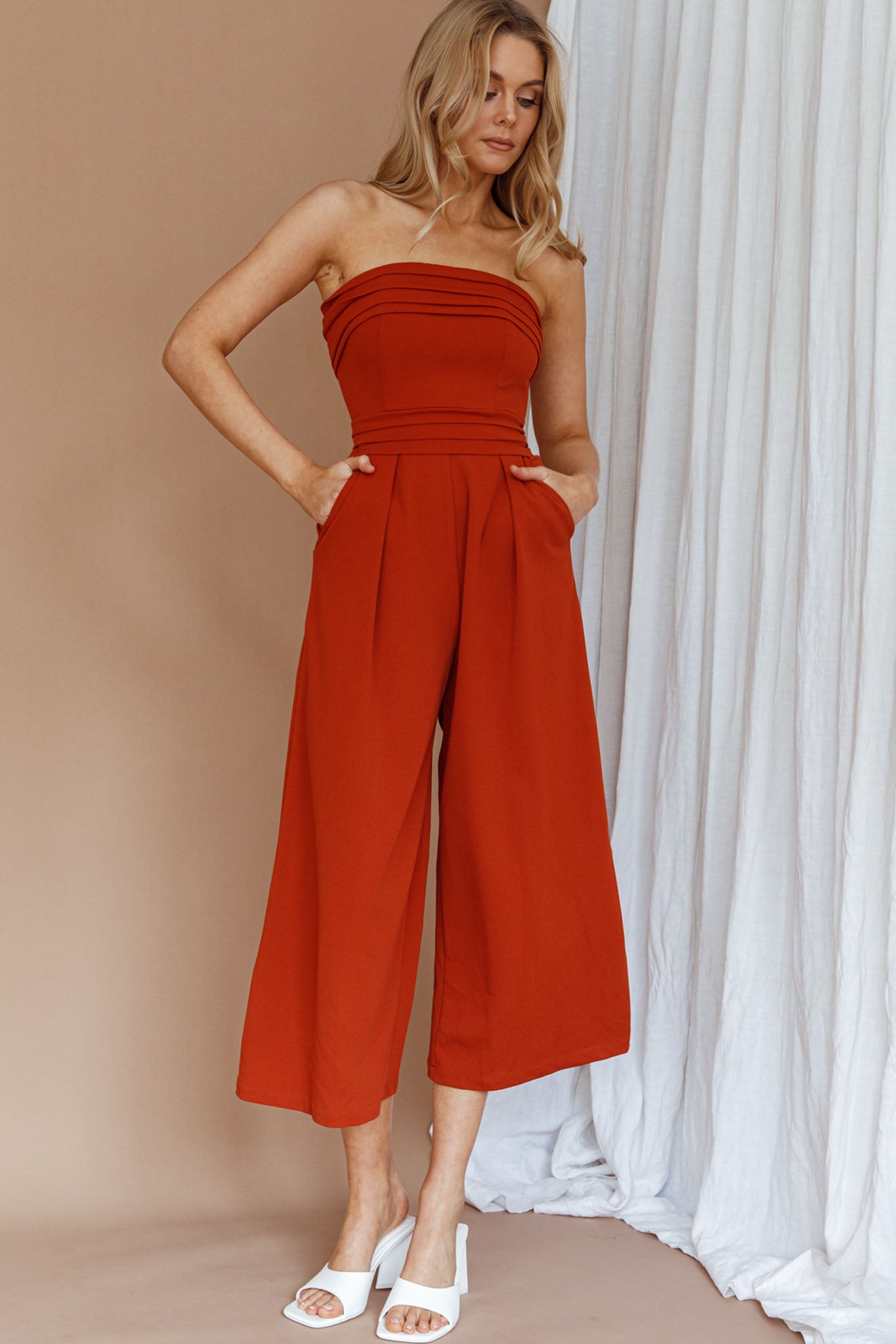 Chosen Strapless Wide Leg Jumpsuit Orange-Fable Dress