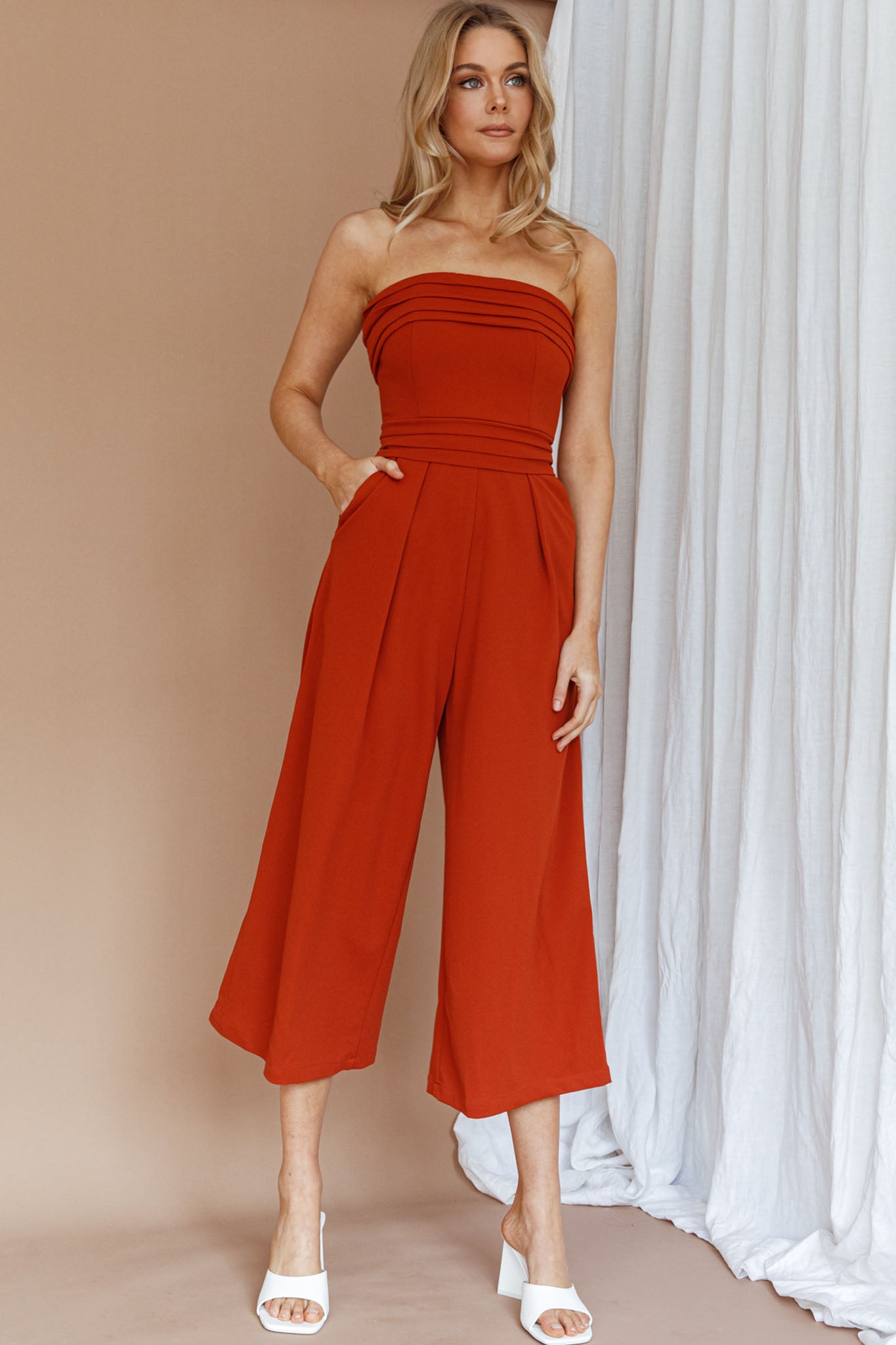 Chosen Strapless Wide Leg Jumpsuit Orange-Fable Dress